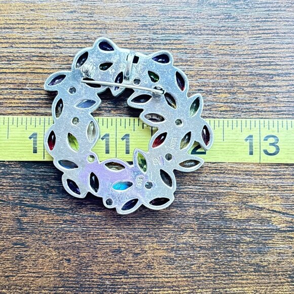 VTG Solid Sterling Silver 925 Multi-Gemstone Circle Brooch Size 1.25" Length - Picture 11 of 13